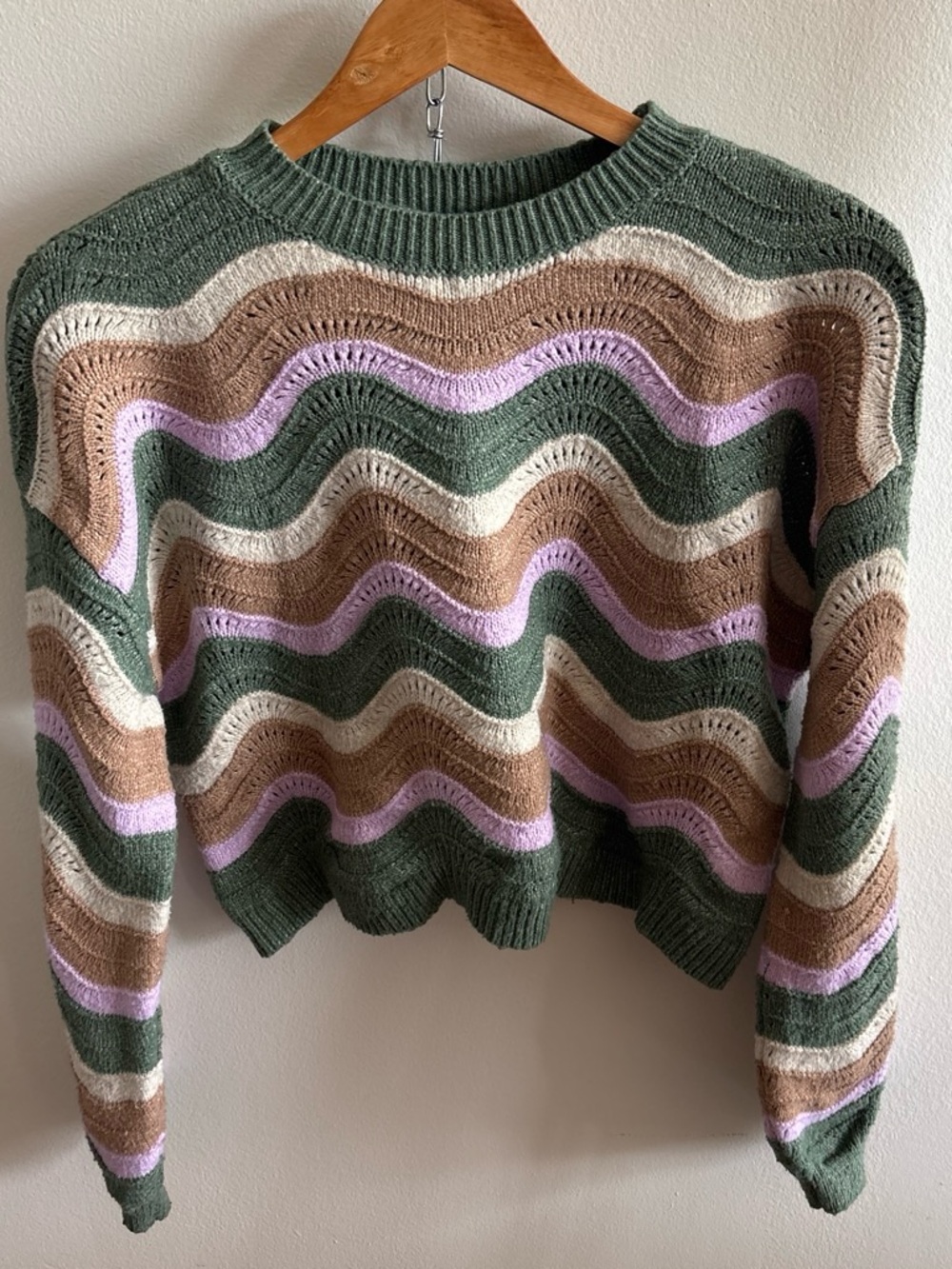 Wavy Stripe Crewneck Sweater - Green, Brown & Lavender